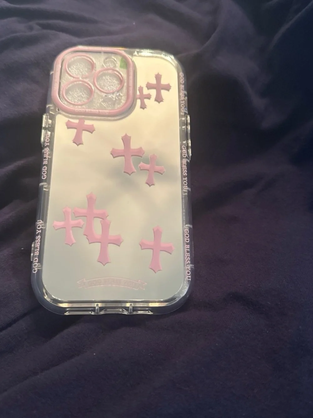 13 Pro Clear Phone Case with Pink Cross Accents and Beaded Strap